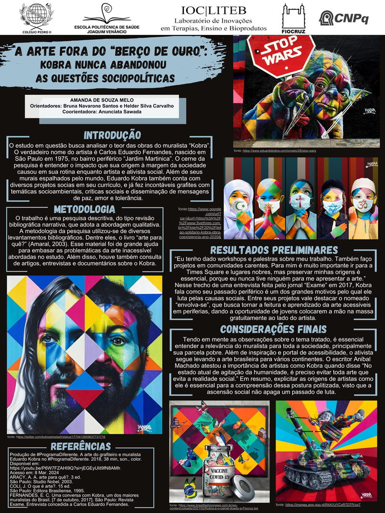 Pôster apresentado pela estudante Amanda de Souza Melo sob orientação dos pesquisadores Bruna Navarone Santos e Helder Silva Carvalho e coorientação da pesquisadora Anunciata Sawada: A arte fora do “berço de ouro’’. Kobra nunca abandonou as questões sociopolíticas.
