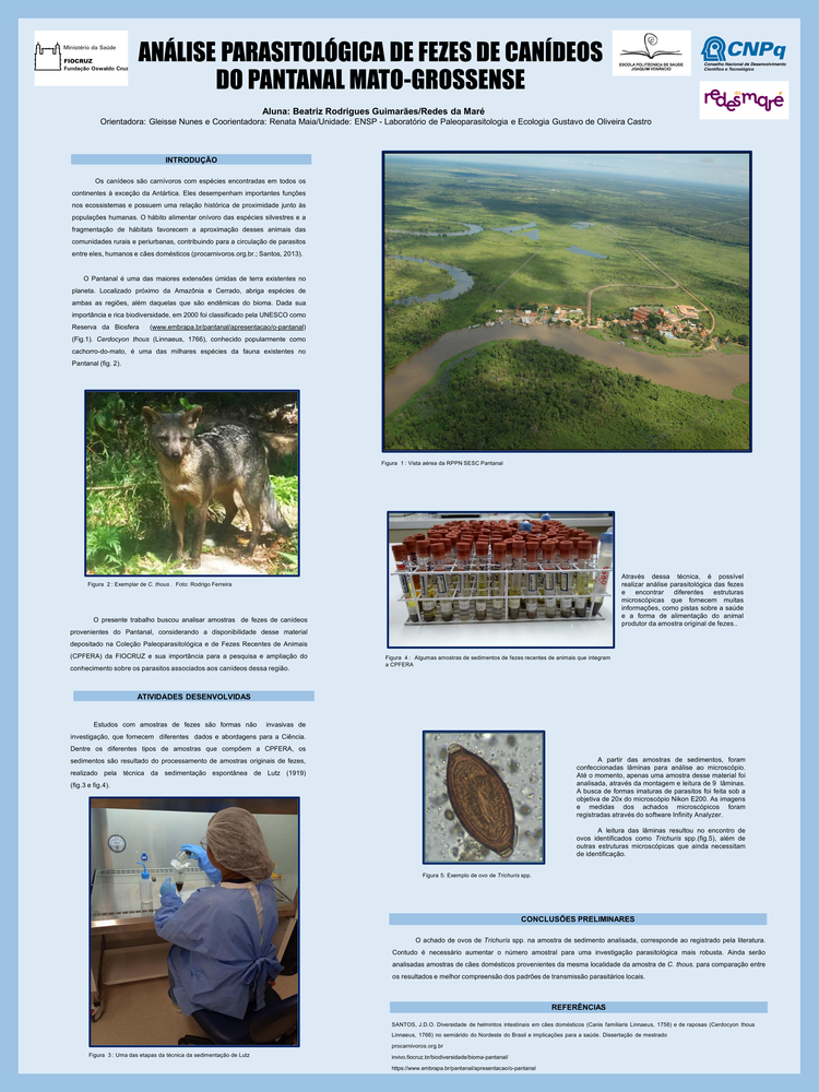 Pôster apresentado pela estudante Beatriz Rodrigues Guimarães sob orientação da pesquisadora Gleisse Kelly Meneses Nunes: Análise parasitológica de fezes de canídeos do Pantanal Mato-Grossense.