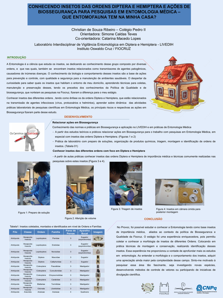 Pôster apresentado pelo estudante Christian de Souza Ribeiro sob orientação da pesquisadora Simone Caldas Teves e coorientação da pesquisadora Catarina Macedo Lopes: Conhecendo insetos das ordens diptera e hemiptera e ações de biossegurança para pesquisas em entomologia médica – que entomofauna tem na minha casa.