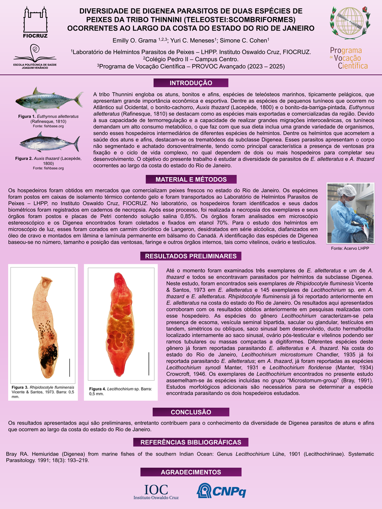 Pôster apresentado pela estudante Emilly de Oliveira Grama sob orientação dos pesquisadores Simone Chinicz Cohen e Yuri Costa de Meneses: Diversidade de digenea parasitos de duas espécies de peixes da tribo Thunnini (teleostei: scombriformes) ocorrentes ao largo da costa do Estado do Rio de Janeiro.