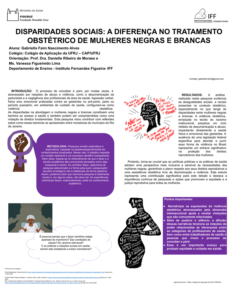 Pôster apresentado pela estudante Gabriella Faim Nascimento Alves sob orientação das pesquisadoras Danielle Ribeiro de Moraes e Vanessa Figueiredo Lima: Disparidades sociais: a diferença no tratamento obstétrico de mulheres negras, indígenas e brancas.