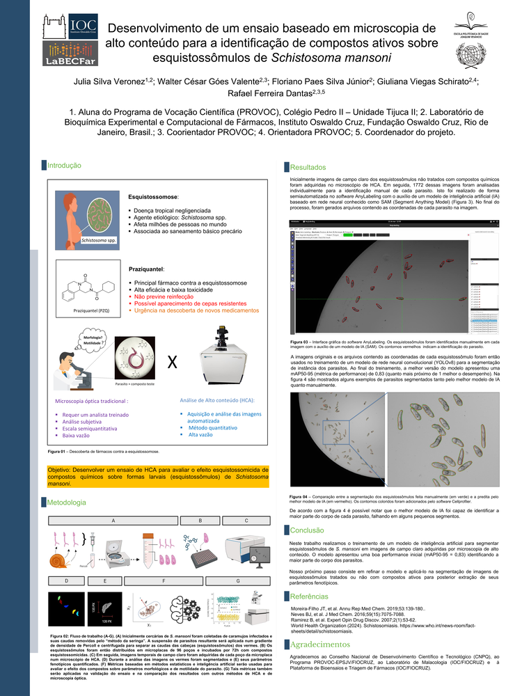 Pôster apresentado pela estudante Julia da Silva Veronez sob orientação dos pesquisadores Giuliana Viegas Schirato, Rafael Ferreira Dantas e Walter César Góes Valente: Desenvolvimento de um ensaio baseado em microscopia de alto conteúdo para a identificação de compostos ativos sobre esquistossômulos de Schistosoma mansoni.