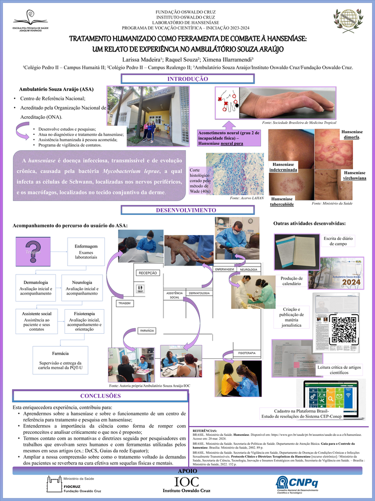 Pôster apresentado pelas estudantes Larissa Madeira e Raquel Souza sob orientação da pesquisadora Ximena Illarramendi: Tratamento humanizado como ferramenta de combate à hanseníase: um relato de experiência no ambulatório Souza Araújo.