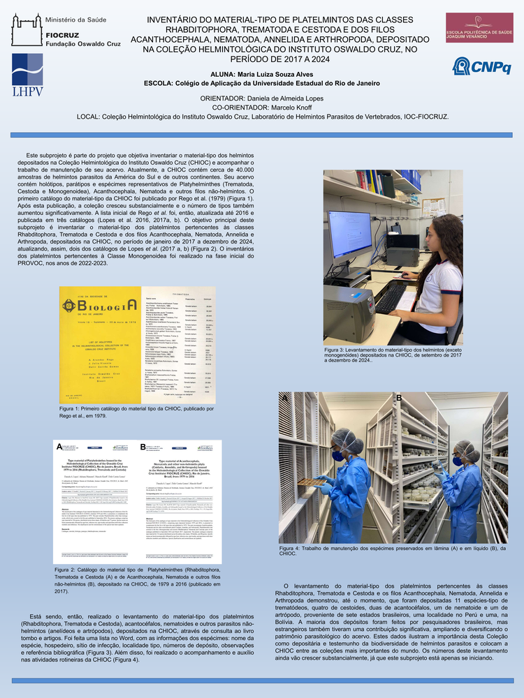 Pôster apresentado pela estudante Maria Luiza Souza Alves sob orientação dos pesquisadores Daniela de Almeida Lopes e Marcelo Knoff: Inventário do material-tipo de platelmintos das classes rhabditophora, trematoda e cestoda e dos filos acanthocephala, nematoda, annelida e arthropoda, depositados na coleção helmintológica do Instituto Oswaldo Cruz, no período de 2017 a 2024.