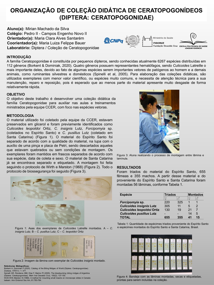 Pôster apresentado pela estudante Mirian Machado da Silva sob orientação das pesquisadoras Maria Clara Alves Santarém e Maria Luiza Felippe Bauer: Organização de coleção didática de ceratopogonídeos (diptera: ceratopogonidae).	