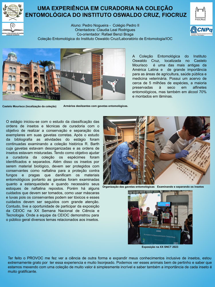 Pôster apresentado pelo estudante Pedro Nogueira sob orientação da pesquisadora Claudia Leal Rodrigues e coorientação do pesquisador Rafael Benzi Braga: Uma experiência em curadoria na coleção entomológica do Instituto Oswaldo Cruz, Fiocruz.