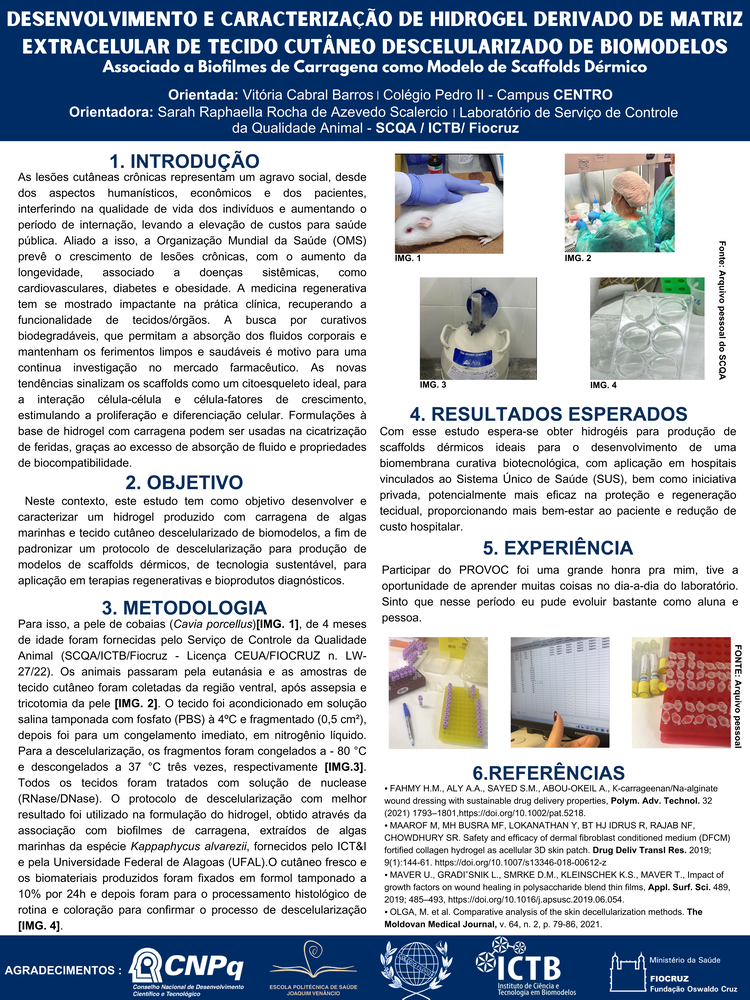 Pôster apresentado pela estudante Vitória Cabral Barros sob orientação da pesquisadora Sarah Raphaella Rocha de Azevedo Scalercio: Desenvolvimento e caracterização de hidrogel derivado de matriz extracelular de tecido cutâneo descelularizado de biomodelos associado a biofilmes de carragena como modelo de scaffolds dérmico.