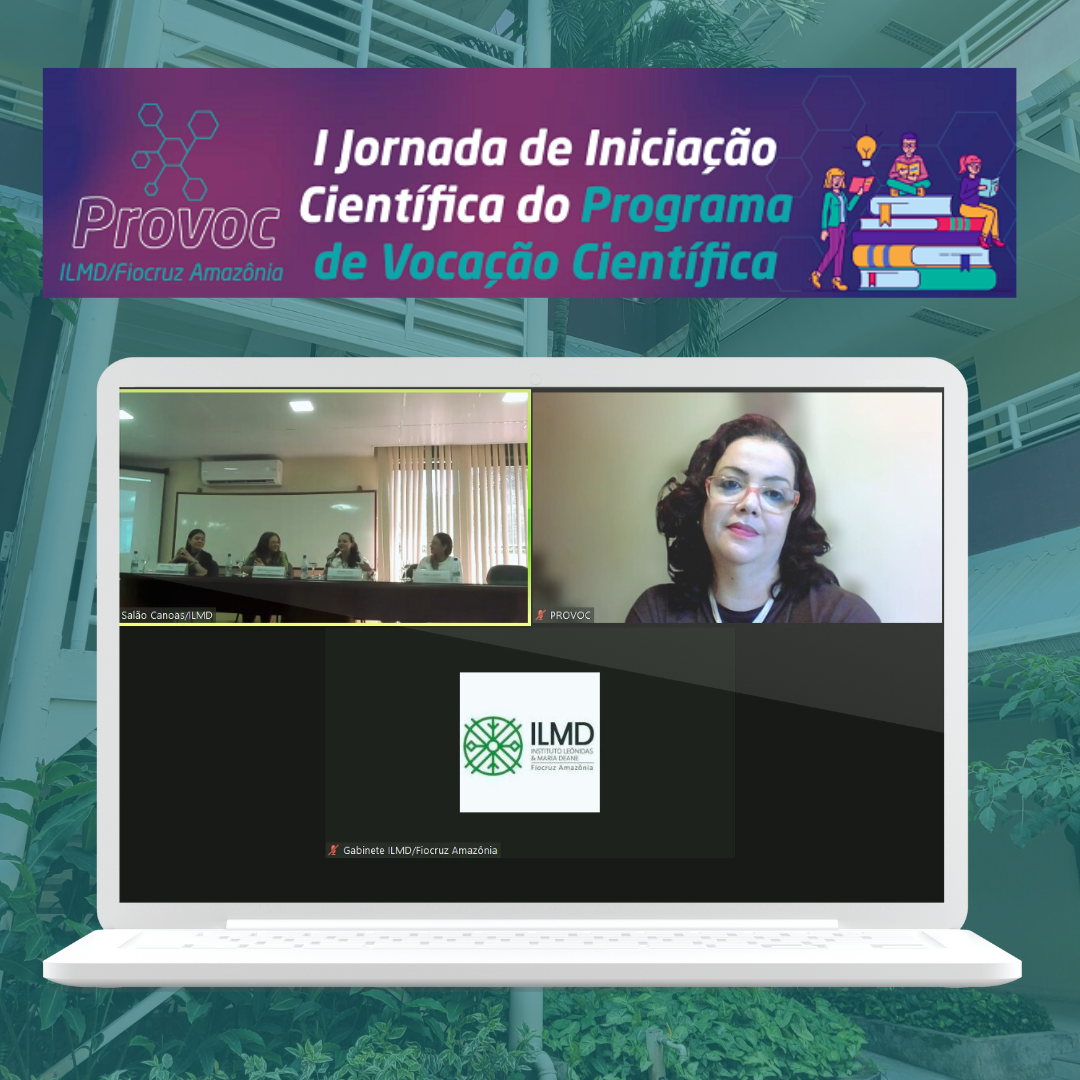 arte com captura de tela da participação da coordenadora na mesa de abertura da Jornada da Fiocruz Amazônia.