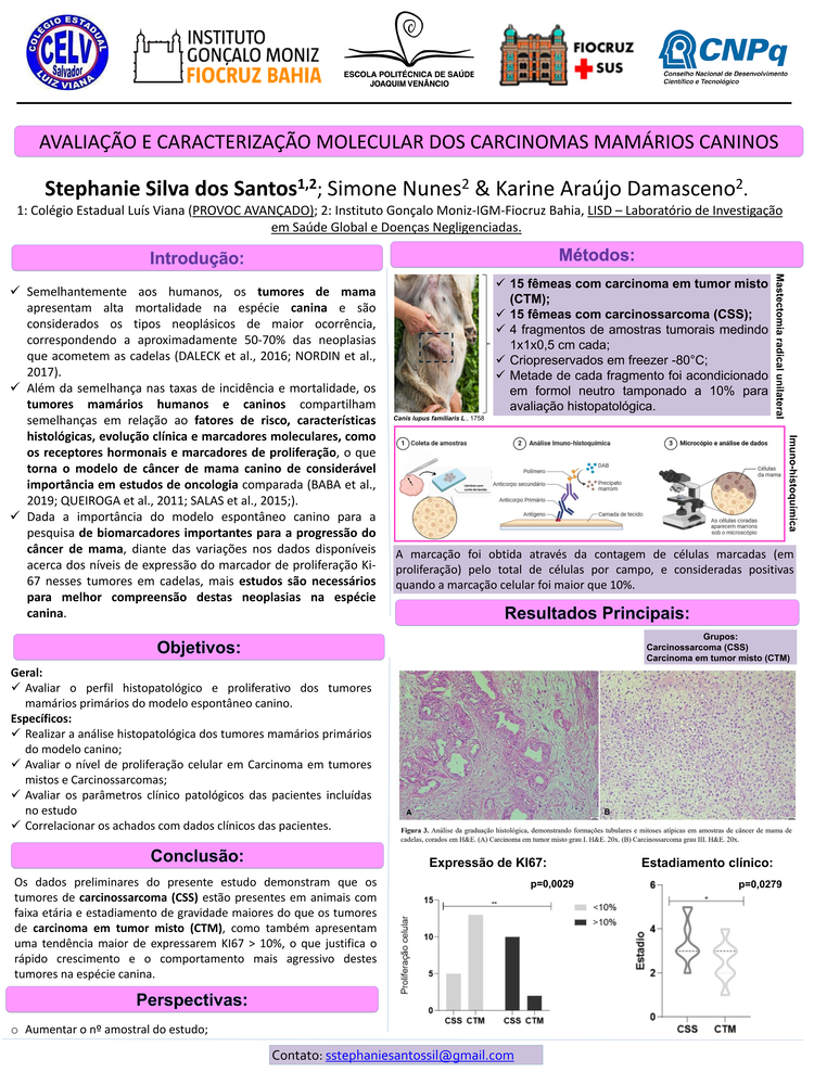 Pôster apresentado pela estudante Stephanie Silva dos Santos sob orientação da pesquisadora Karine Araújo Damasceno: Avaliação e caracterização molecular dos carcinomas mamários caninos.