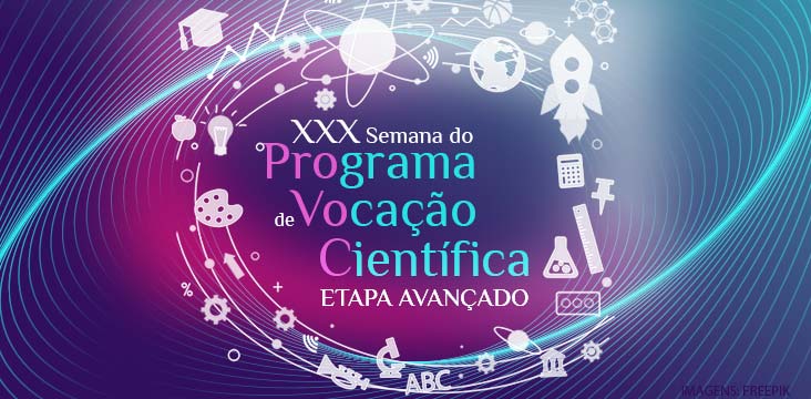 banner em tons de rosa e azul da trigèsima semana de vocação científica do Provoc Rio, Etapa Avançado