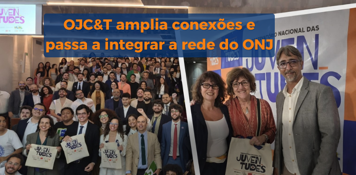 montagem com duas fotos, sendo uma com o registro de todos que estavam no evento e a outra com os pesquisadores do OJC&T