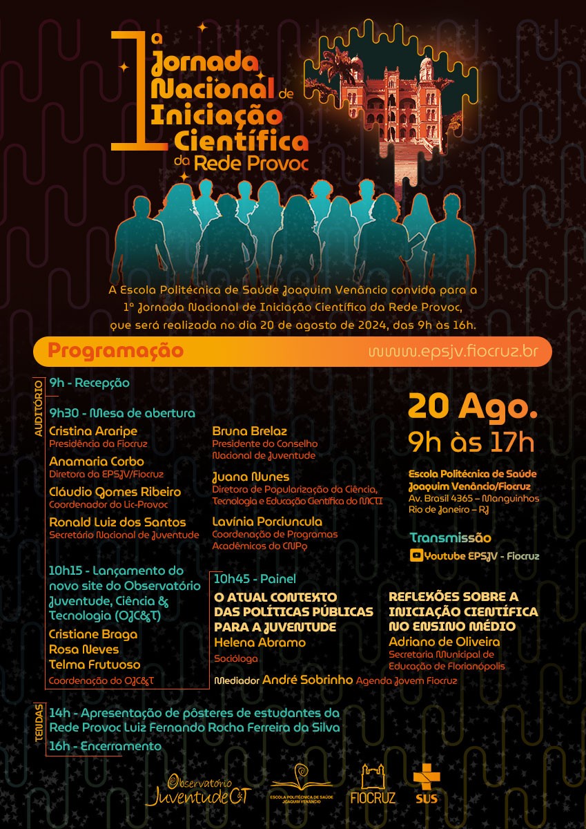 arte com fundo preto com a programação da I Jornada Nacional de Iniciação Científica da Rede Provoc