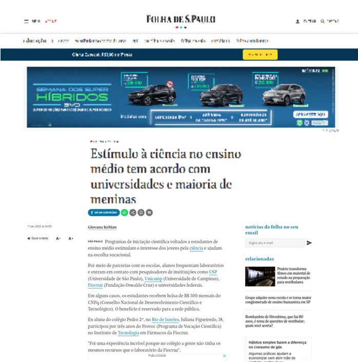 imagem da reportagem da Folha de São Paulo, no site da empresa de jornalismo.